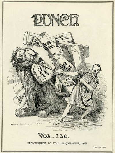 John Bull, dargestellt als Kamel, ist widerwillig, die neuen Steuerlasten zu tragen, die von Lloyd George im 